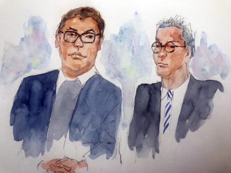 In this courtroom sketch, U.S. Rep. George Santos, left, R-N.Y., sits with his attorney Joseph Murray in federal court, Wednesday, May 10, 2023, in Central Islip, N.Y.
