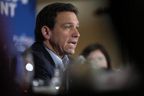 Florida Gov. Ron DeSantis speaks at a political roundtable in Bedford, New Hampshire on Friday, May 19, 2023.