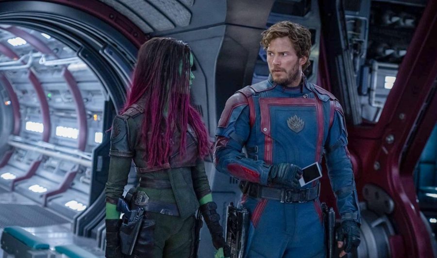Zoe Saldana (left) and Chris Pratt star in James Gunns latest Marvel film Guardians of the Galaxy Vol. 3.