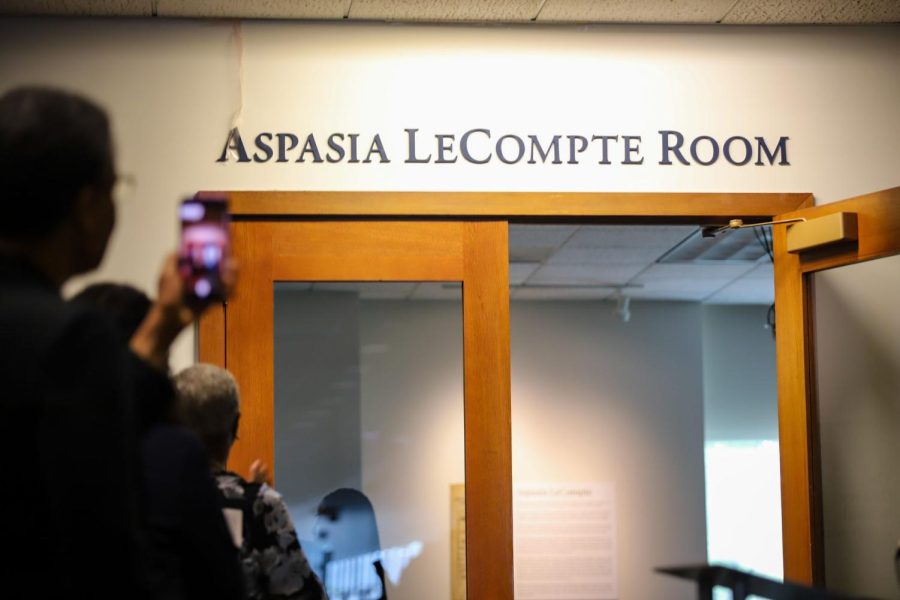 The new name for a reading room in the library, the Aspasia LeCompte Room, was unveiled Thursday, May 18.
