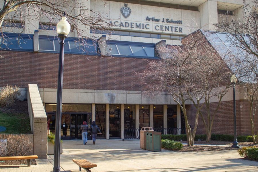 The west entrance to the Schmitt Academic Center (SAC) on Jan. 9, 2023. Many Faculty Council representatives voiced their criticism on the budget to Provost Salma Ghanem last Wednesday, May 3.