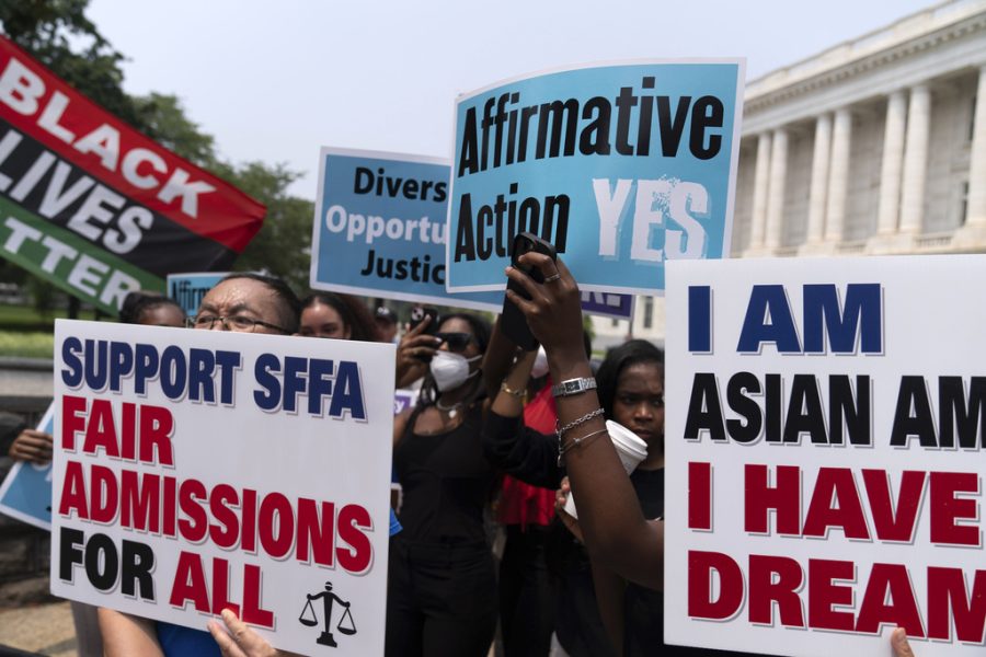 Demonstrators+protest+outside+of+the+Supreme+Court+in+Washington%2C+Thursday%2C+June+29%2C+2023%2C+after+the+Supreme+Court+struck+down+affirmative+action+in+college+admissions%2C+saying+race+cannot+be+a+factor.