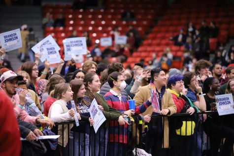 A crowd of young people gather at a Brandon Johnson rally with Bernie Sanders ahead of the run-off election, at UIC CreditOne Arena, on March 29, 2023.