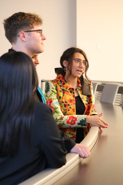 File - Paria Ghaderi, a victim of one of the assaults on the Lincoln Park campus April 13, speaks at a Student Government Association meeting (SGA) meeting May 11. Ghaderi told her story at the Public Safety Town Hall in May.