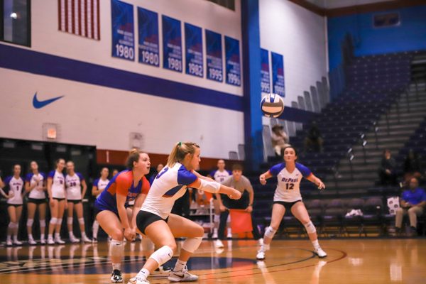 Jill Pressly, outside hitter for the DePaul womens volleyball team and senior, passes a ball during the Sept. 8 game against St. Thomas. 