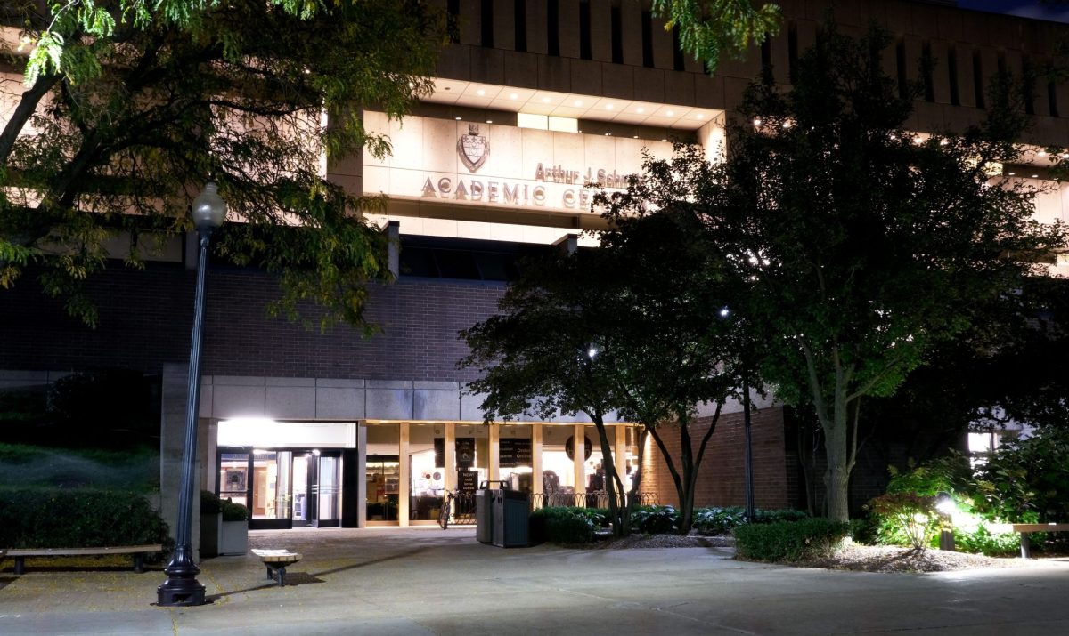 A photo shows the DePaul campus at night on Thursday, Sept. 28, 2023. On the night of Sept. 23, student Ella Gutin was among students robbed on the Quad, near the Schmidt Academic Center. Its one of five robberies reported since the academic term began.