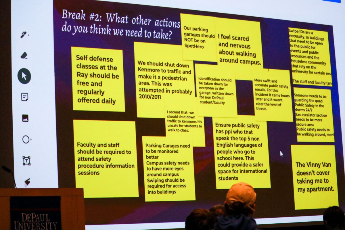Students share suggestions for making campus safer at Student Government Association meeting May 4. The meeting discussed university-wide changes in light of multiple assaults on DePauls campus in April.