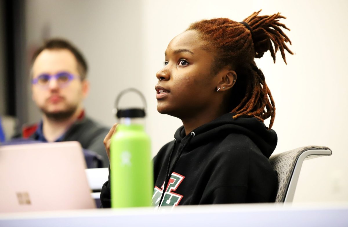 Samara Smith, SGA Community Engagement Coordinator, speaks at an SGA meeting on Nov. 3, 2022, on the importance of addressing the intolerance Jewish students have faced at DePaul.