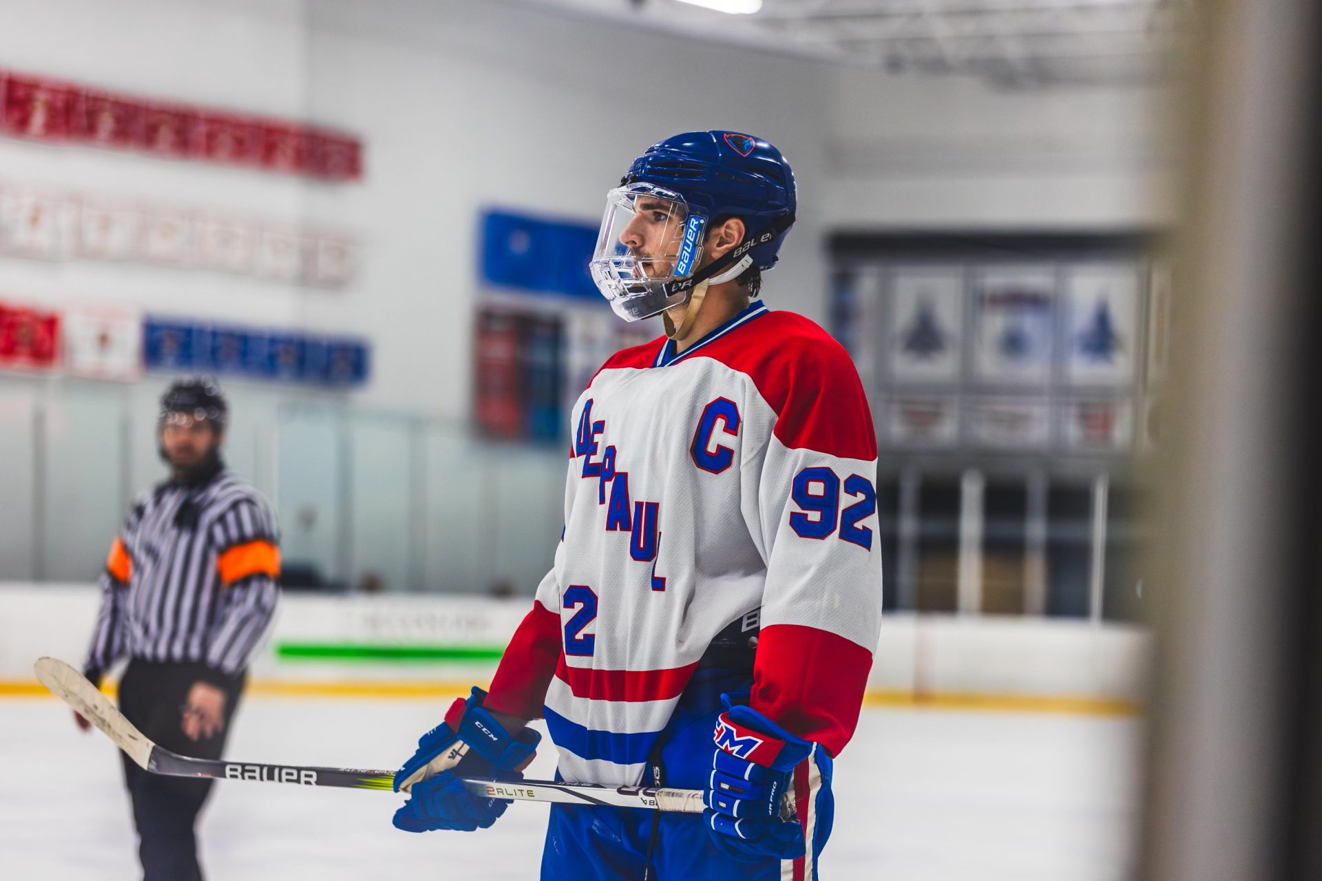 Brock Ash, senior and captain of the DePaul club hockey team, awaits play at a Sept. 29 home game in Chicago versus Davenport.  Ash has played an important role in securing the team’s first regional qualification in nearly 15 years.