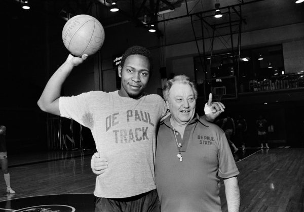 Sophomore standout Mark Aguirre, left, and DePaul coach Ray Meyer are seen during practice in Chicago, Jan. 14, 1980. DePaul was rated No. One in the Associated Press college basketball poll Monday. 