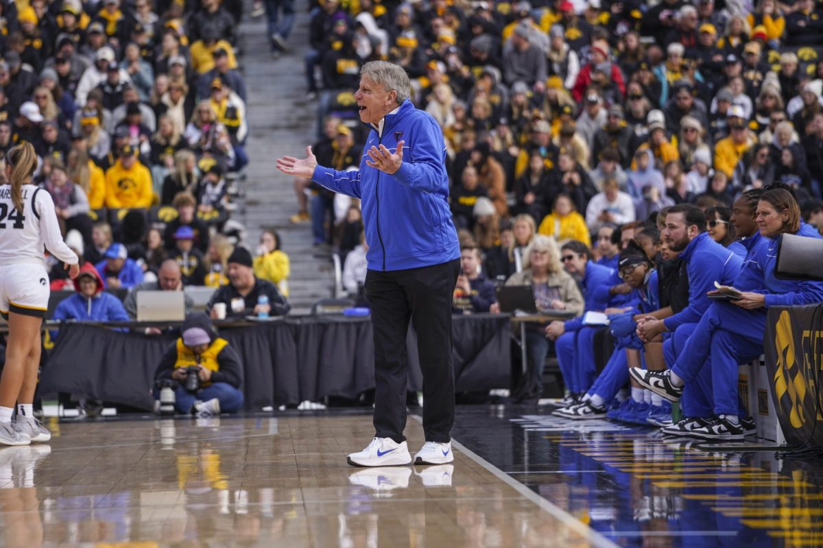 DePaul head womens basketball coach Doug Bruno shouts from the sideline of the DePaul-Iowa game at Kinnick Stadium in Iowa City on Sunday, Oct. 15, 2023. Bruno said he and Iowa head coach Lisa Bluder agreed after the team played in an intense scrimmage last year away from the cameras.
