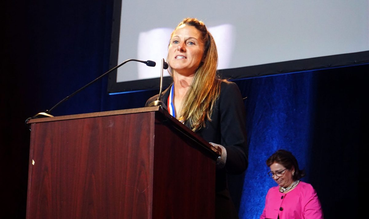 DePaul alum Julianne Sitch receives her induction into the Chicagoland Sports Hall of Fame on Wednesday, Oct. 4, 2023. Sitch was recognized for her outstanding achievements as an NCAA and professional soccer coach.