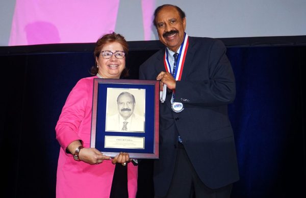 DePaul professor Fred Mitchell receives the Chicagoland Sports Hall of Fame Excellence in Media Award on Wednesday, Oct. 4 at Wintrust Arena in Chicago. Mitchell was recognized for his outstanding career in sports journalism.