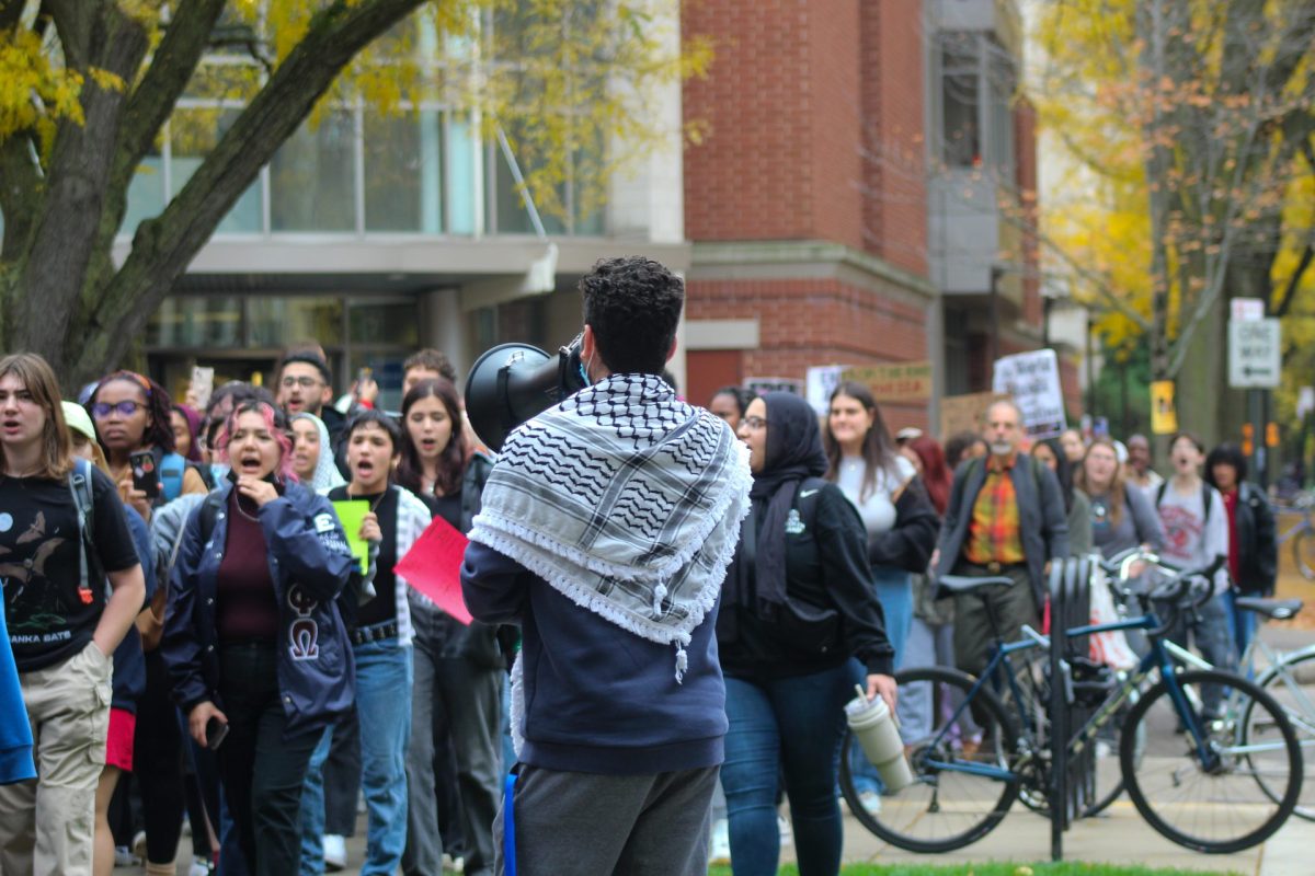 Students gather in front of DePaul Universitys Student Center in Chicagos Lincoln Park neighborhood as part of a nationwide student protest that calls for a ceasefire in the Middle East on Wednesday, Oct. 25, 2023. The protest was organized by Students for Justice in Palestine (SJP).