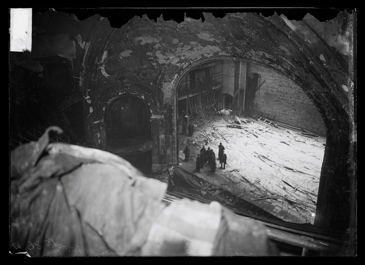 This photo, taken by a Chicago Daily News photographer on Jan. 4, 1904, shows a view of the ruined stage of the Iroquois Theatre in Chicago. More than 600 people perished in a fire on Dec. 30, 1903, that also destroyed the theater.