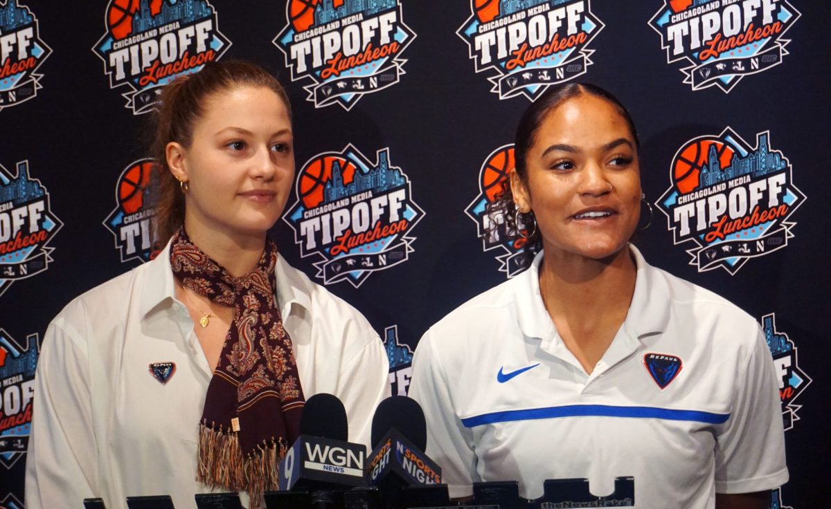Jorie Allen (left) and Anaya Peoples of the DePaul Womens Basketball team express their confidence in the upcoming season Wednesday, Oct. 4. Both fifth-year athletes, Allen and Peoples anticipate their final season at DePaul.