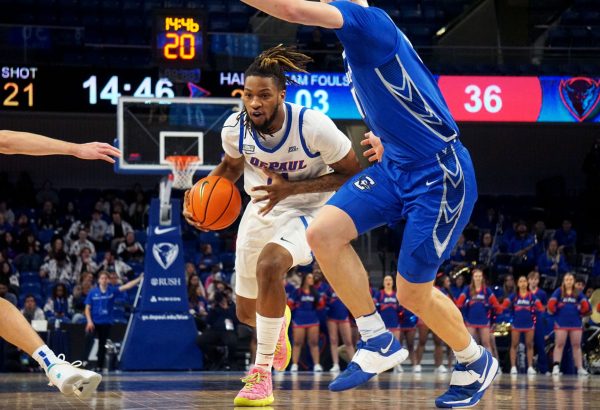 Senior forward DaSean Nelson drives to the rim in DePauls loss to Creighton Jan. 9, at Wintrust Arena. Nelson finished with 12 points.