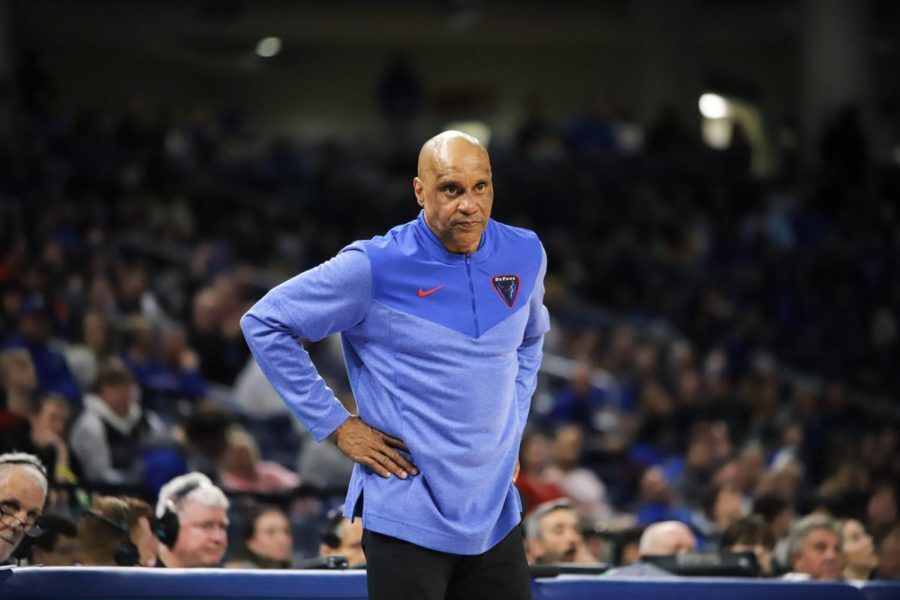 Head coach Tony Stubblefield surveys the court during his team's loss to Creighton on senior day, March 4, 2023, at Wintrust Arena, in Chicago, Ill.