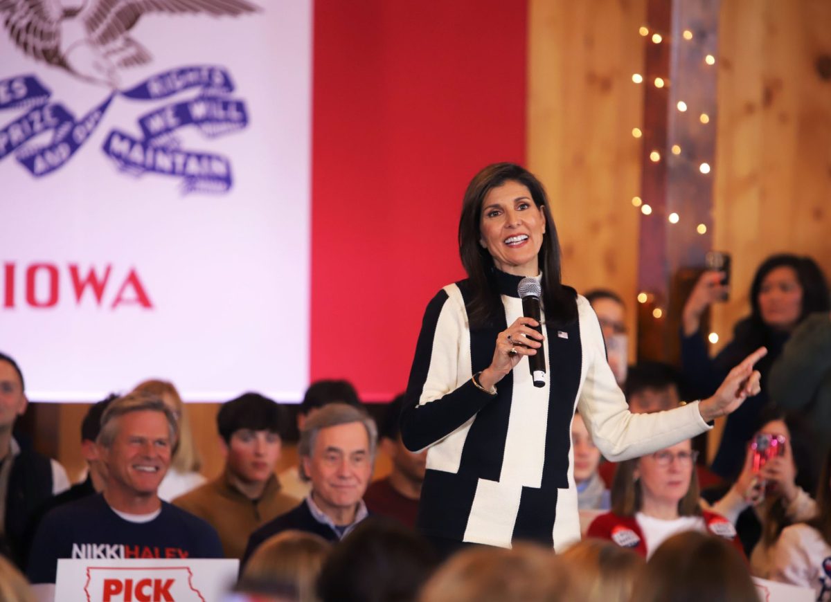 Candidate Nikki Haley addresses a group of supporters in Adel, Iowa, on Sun. Jan 14.