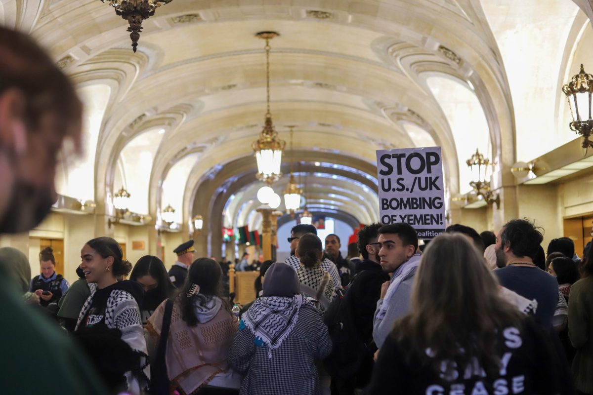 Dozens gather in Chicago City Hall in support for a cease-fire in Gaza on Wednesday, Jan. 31, 2024. Chicago is the biggest city to pass a resolution for a cease-fire.