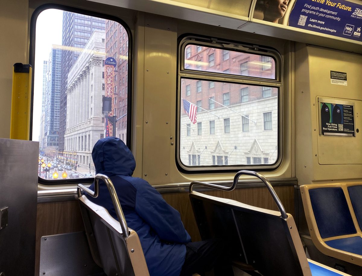 A CTA passenger gazes out the window into the Loop on an Orange Line train on Friday, Feb. 16, 2024. The CTA has taken steps in recent months to crack down on prohibited behaviors on trains and buses.
