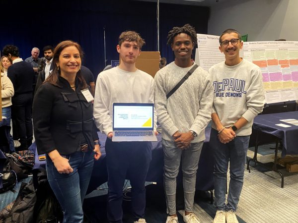 From left to right: DePaul associate professor of film Anuradha Rana stands alongside her students Julian Bax, Josiah Shaw and Fawad Amjad at DePauls Innovation Day on Jan. 26, 2024. The students presented their documentaries at the event.