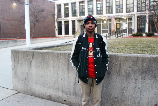 Demetrius Franklin stands in front of his Chicago public school Feb. 22, 2024.