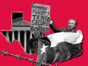 A photo illustration of a Texas flag and barbed wire, superimposed over an image of Texas Gov. Greg Abbott, A participant carries a sign outside of a Take Our Border Back rally, Saturday, Feb. 3, 2024, in Quemado, Texas and a photo of the Supreme Court inside of a silhouette of Texas. Photo of participant by (AP Photo/Eric Gay). Other images used under Creative Commons.