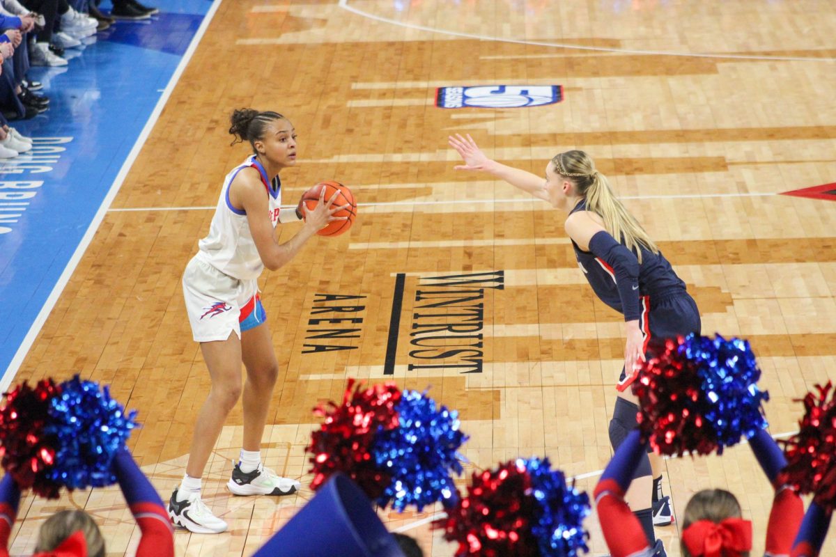 DePaul guard Katlyn Gilbert, guarded by UConn superstar Paige Bueckers, looks for an opening on Sunday, Feb. 25, 2024, at Wintrust Arena. Bueckers finished with 30 points while Gilbert notched 13.