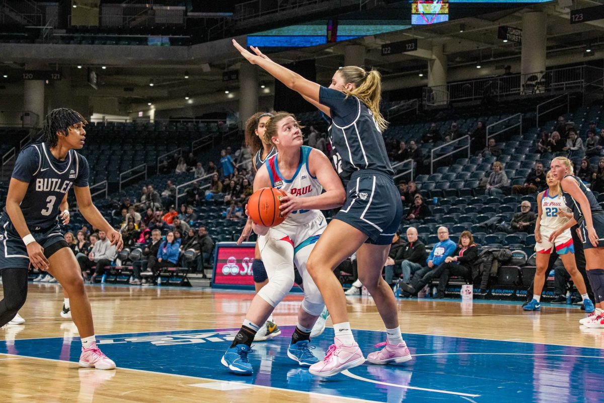 Forward Jorie Allen works in the paint against Butler on Wednesday, Feb. 28, 2024, at Wintrust Arena. Allen, a graduate, will use her last season of eligibility to return to DePaul next season.