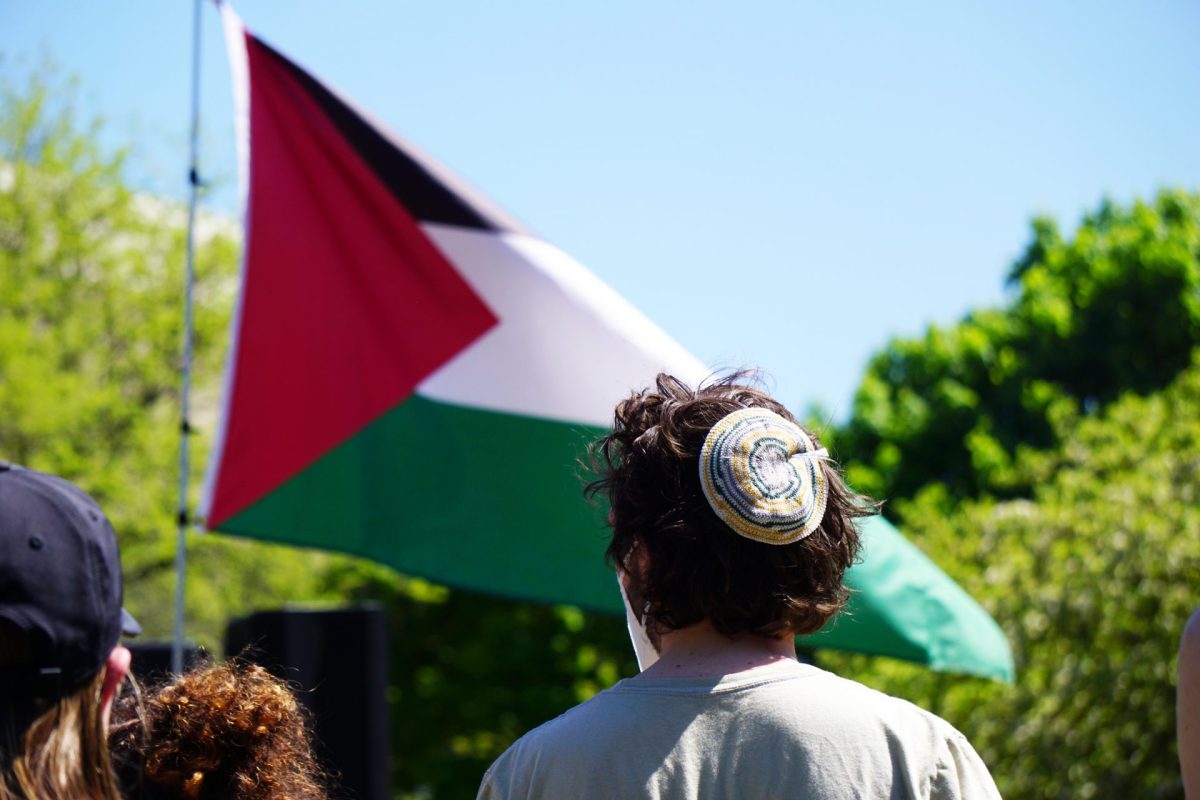 Demonstrators gathered on the quad of DePaul Universitys Lincoln Park Campus on Tuesday, April 30, 2024. Community members were demanding the school sever ties with any affiliations that support Israel.