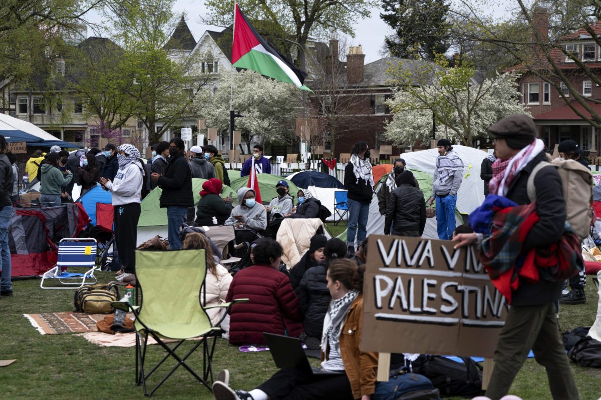 A demonstrators sign reads “Viva Viva Palestina” at the Northwestern University encampment on Friday, April 26, 2024, at Deering Meadow. Protesters of different ages, backgrounds and identities came together to show their support for Palestine and to demand the university divest financially from Israel.