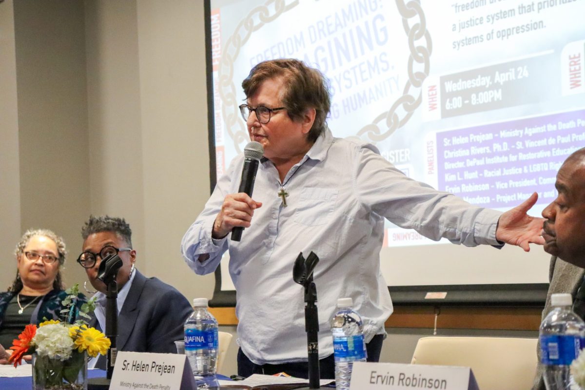 Sister Helen Prejean speaks to a room of people in a panel discussing problems in the incarceration system on Wednesday, April 24, 2024, in the Lincoln Park Center. Prejean recognized fellow panelist Ervin Robinson for his work in supporting previously incarcerated people.
