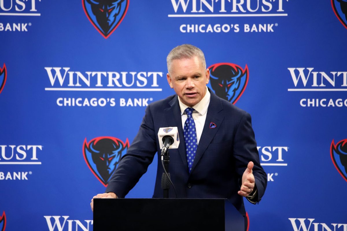 DePaul head coach Chris Holtmann addresses the media on Monday, March 18, 2024, at Wintrust Arena, shortly after accepting the job. Since his opening speech, Holtmann has added eight transfers to DePauls mens basketball roster.
