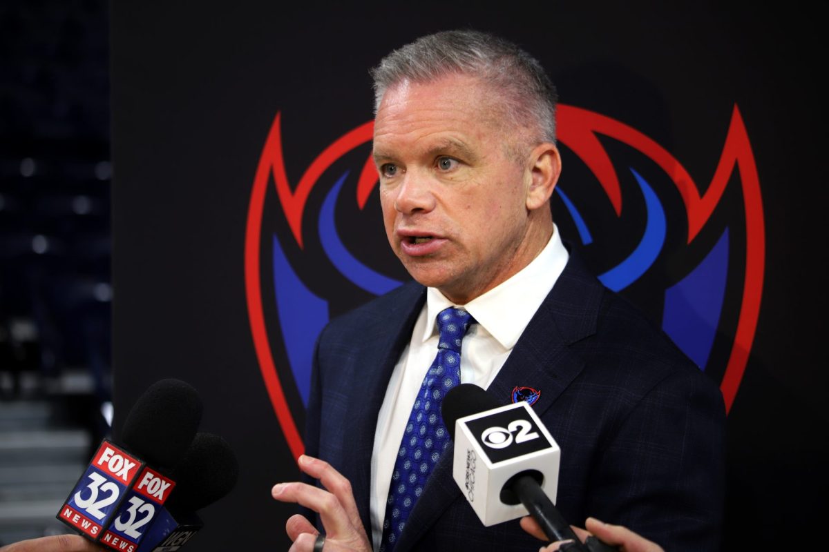 DePaul head coach Chris Holtmann speaks with the media after his introductory press conference on Monday, March 18, 2024, at Wintrust Arena. In the past week, Holtmann secured three transfers: Troy D'Amico, CJ Gunn, and NJ Benson.