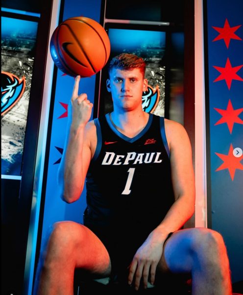 DePaul transfer Davis Skogman spins a basketball during a photoshoot he posted on his Instagram April 26.
