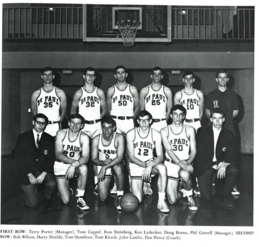 Doug Bruno (No. 30, bottom row, second from far right) poses with the DePaul Blue Demons mens basketball team prior to the 1969-70 season.