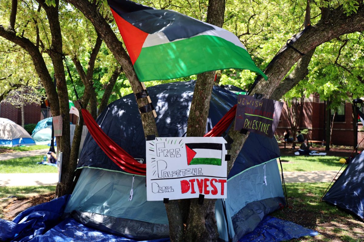 A tent in the DePaul encampment is decorated with student-made posters and a Palestinian flag on Wednesday, May 1, 2024. Many of the tents throughout the quad are similarly decorated, showing support for Palestine. 