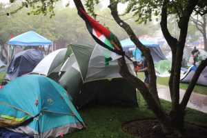 Demonstrators rush to tie down tents and canopies as torrential rains hit the Quads, on May 2. 