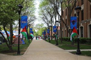 Palestinian flags line the main path on DePauls Quad, May 2, 2024. 