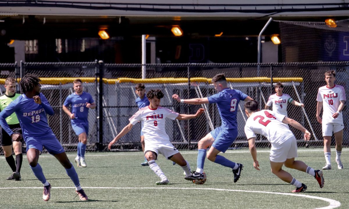 DePaul sophomore forward Liam Mullins battles for control of the soccer ball against NIU on Saturday, April 13, 2024, at Wish Field. Mullins scored over 100 points in his high school career.