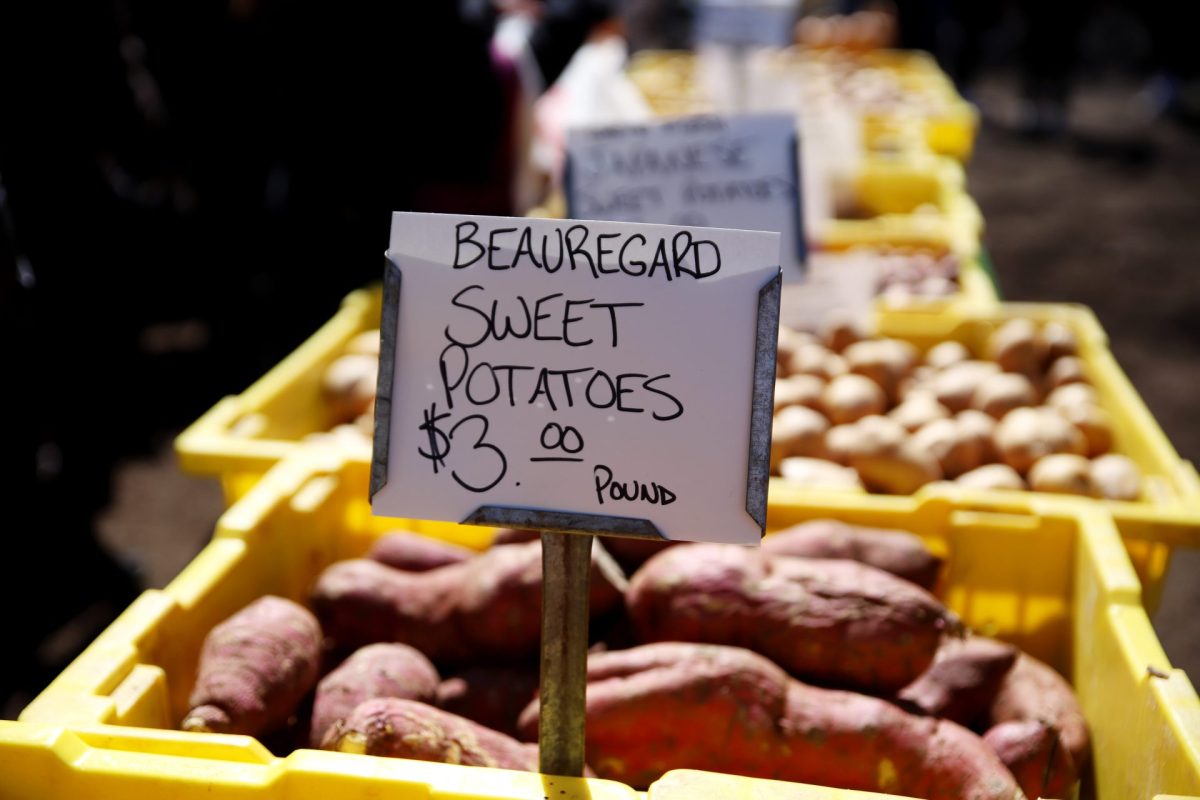 A hand-written sign displays how much the sweet potatoes cost on Monday, April 15, 2024. Farmers with short growing seasons will grow Beauregard Sweet Potatoes as they mature early, compared to other types of sweet potatoes. 