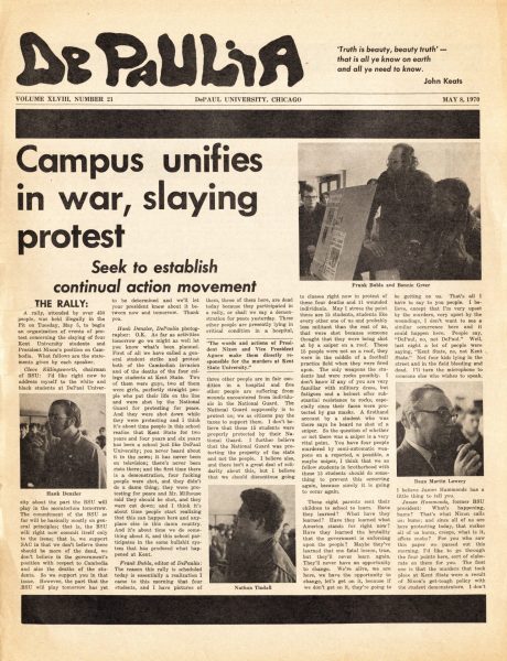 DePaulia News
DePaulia News
10:21 AM Yesterday
Front page of the DePaulias May 8, 1970 issue. The pages display a transcript from an anti-war rally on campus following the Kent State Massacre.
