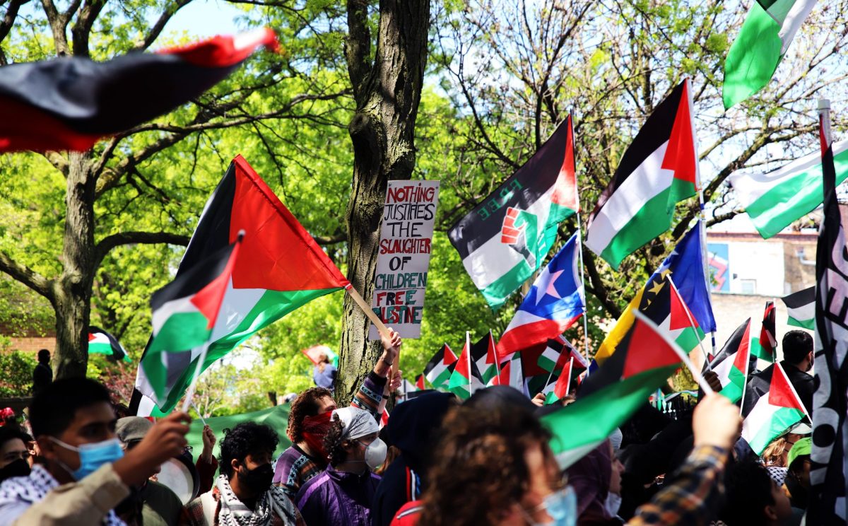 Pro-Palestinian demonstrators wave flags and signs at the Fullerton entrance to DePauls Quad as counter-protestors rally on Sunday, May 5, 2024. Counter-protestors ripped down many signing lining the fence on Fullerton Ave.