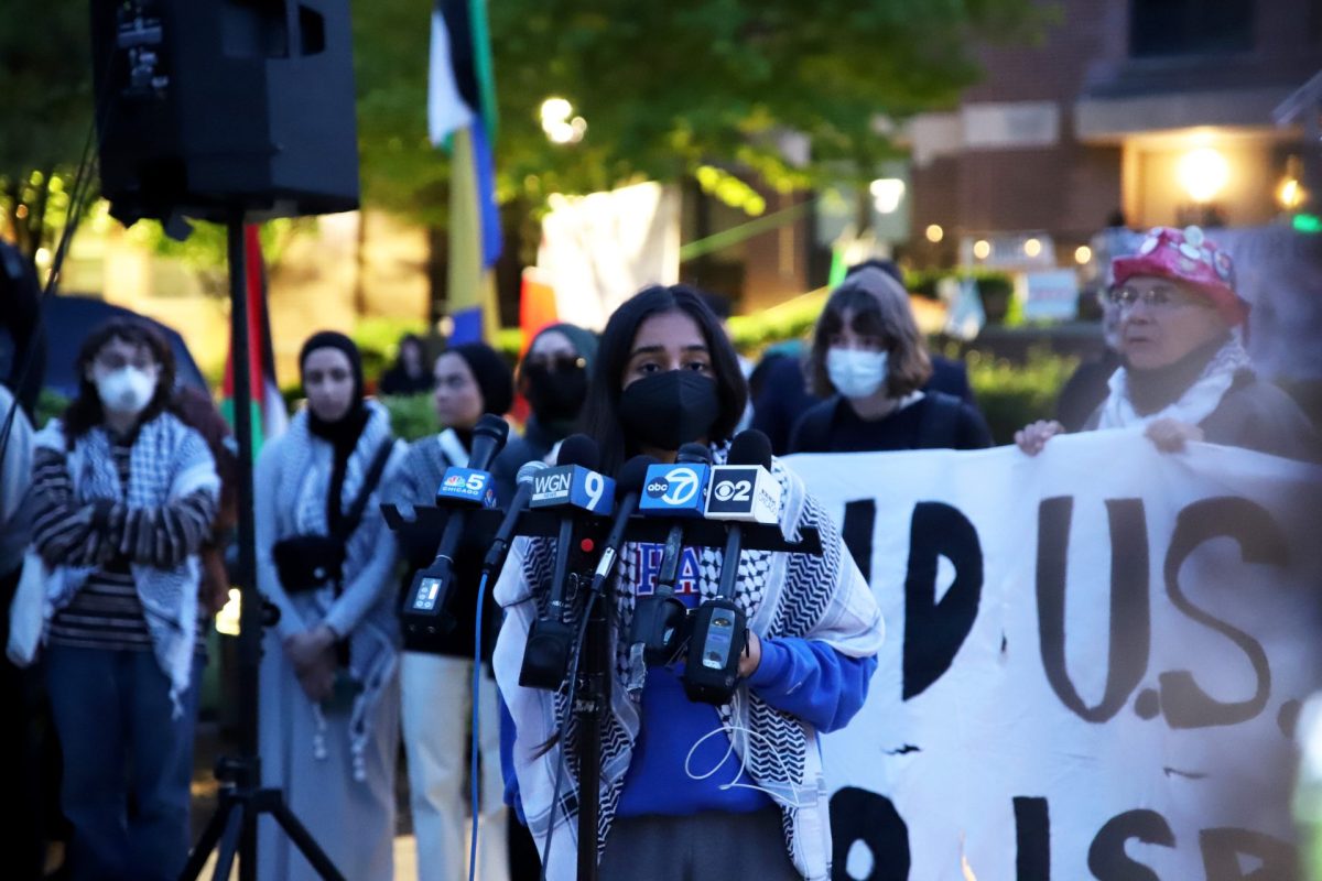 Parveen Mundi, DePaul SGA President, speaks to the press at the Gaza Solidarity Encampment on DePauls Quad, May 11. The press conference was called after DePaul called a stalemate in negotiations with the Divestment Coalition. 