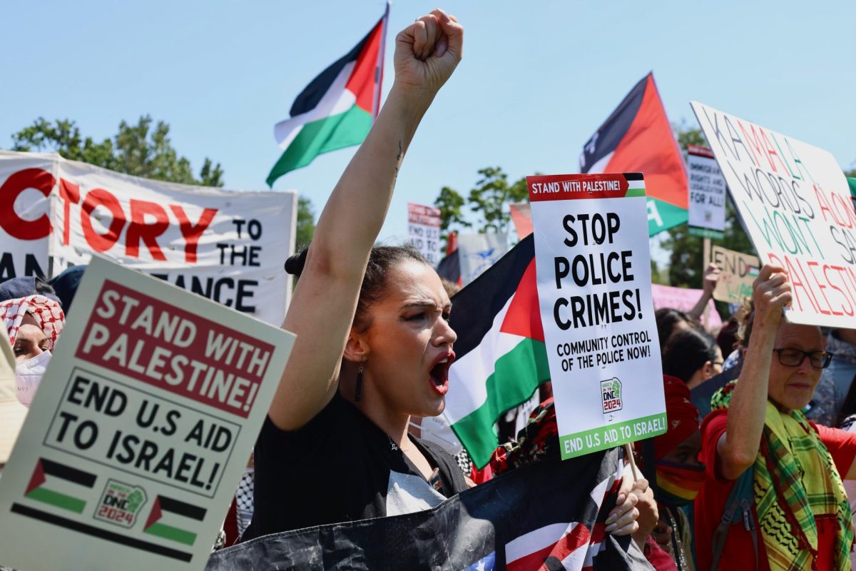 Protestors hold signs at the March on the DNC on Monday, Aug. 19, 2024, at Union Park in Chicago.