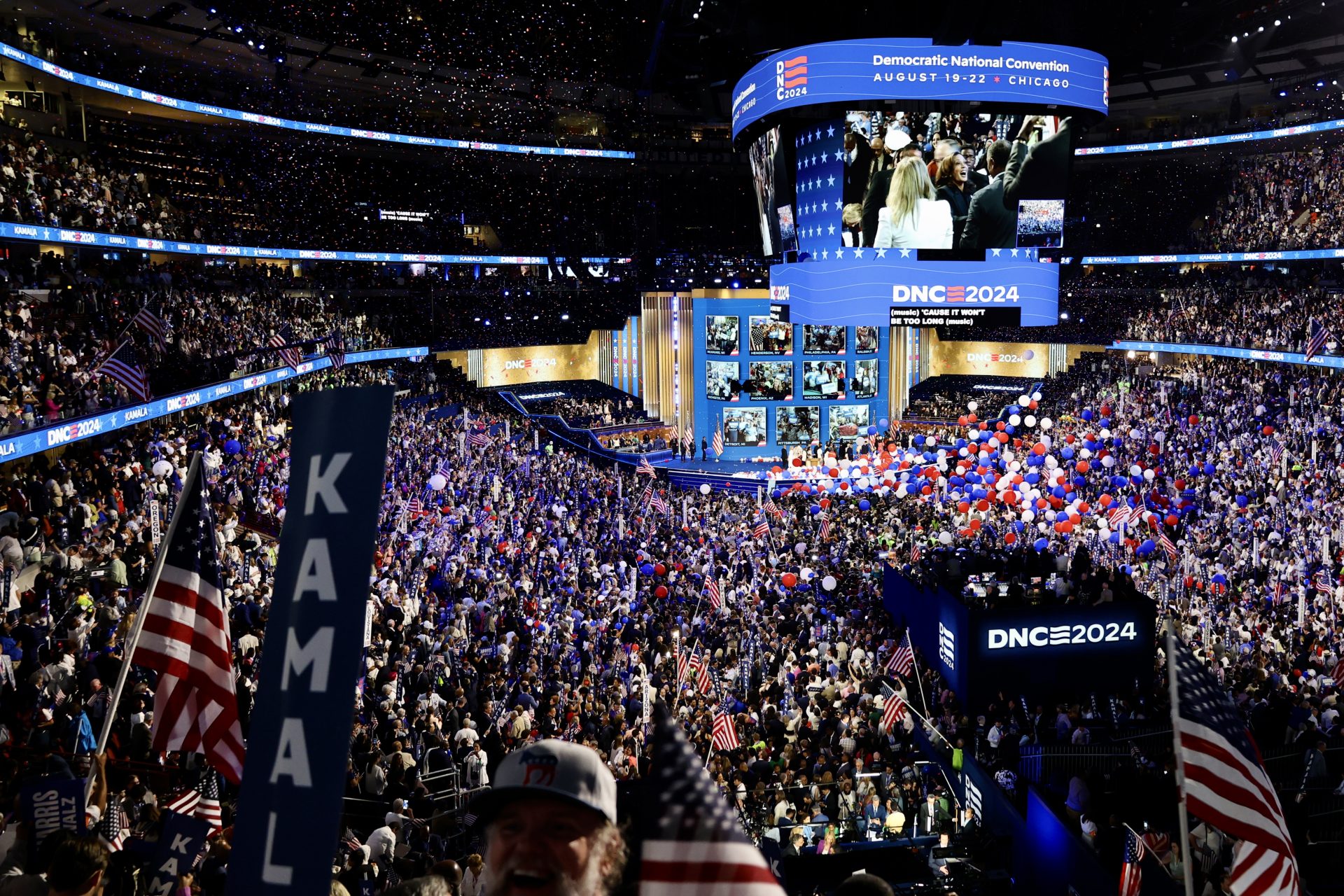 Vice President Kamala Harris accepts the Democratic nomination in front of a packed crowd on the final night of the Democratic National Convention at the United Center on Thursday, Aug. 22, 2024. Confetti and Balloons were released into the arena following Harris's speech.