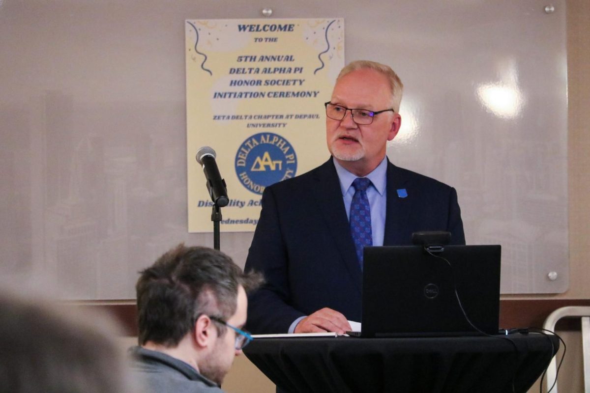 FILE- Eugene L. Zdziarski, II, vice president for Student Affairs speaks at a Delta Alpha PI event, in Spring 2023. Zdziarski has been at the helm of the division of Student Affairs since 2014.