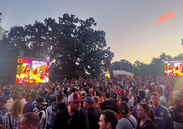 Thousands of fans gather just after sunrise to watch NBC's "Premier League Mornings Live," previewing Chelsea's match against West Ham Saturday, September 21, near the Lincoln Park Zoo. The two-day Fan Fest celebrates the Premier League's growing community in the U.S.