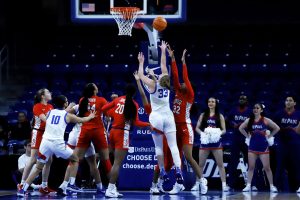 Jorie Allen jumps for a layup during her game against the University of Nevada, Las Vegas (UNLV) on Sunday, Dec. 15, 2024, at Wintrust Arena. Allen surpassed 1,000 career points, with a total of 21 points in the game.